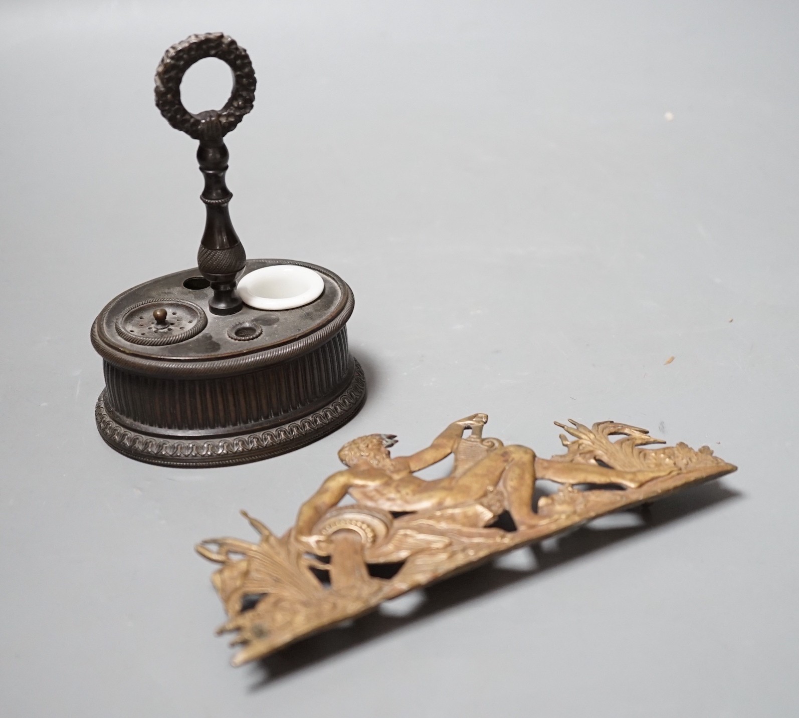 A 19th century French bronze combination inkwell and pounce pot, and an ormolu figural mount, inkstand 12cms high